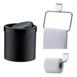 Kit Banheiro Inox Porta Toalha Argola Papel Higiên Lixeira