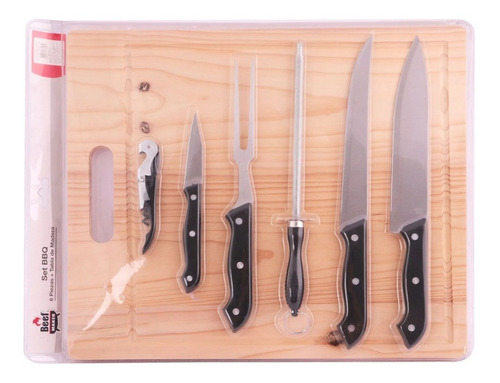 Set Cuchillos Bbq Parrilla Asado 6 Piezas + Tabla De Madera