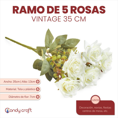 Ramo De 5 Rosas Vintage 35cm Flores Artificiales Decoracion
