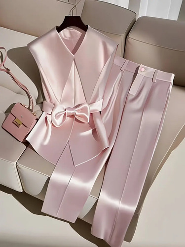 Mujer Rosa Elegante Solapa Tops Y Pantalones Conjuntos | Envío gratis