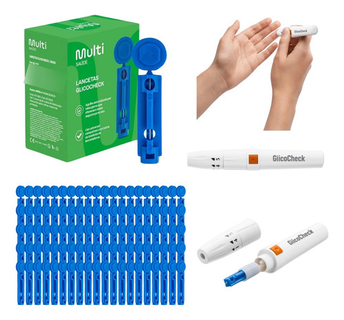 Kit Caneta Lancetadora + 100 Lancetas 28g Furar Dedo Indolor