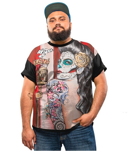 Camiseta Plus Size Tattoo Girl Caveira Mexicana Love