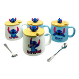 Mug Tazas De Stitch Disney + Tapa Madera Y Cuchara