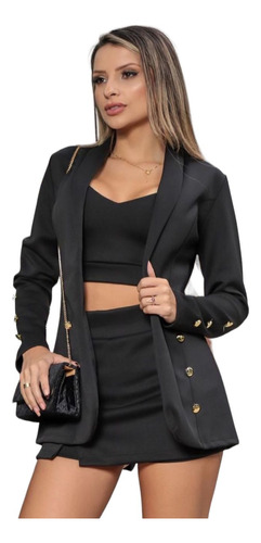 Conjunto 3 Peças Max Blazer C/ Cropped Short Saia