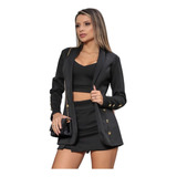 Conjunto 3 Peças Max Blazer Alfaiataria Cropped Short Saia