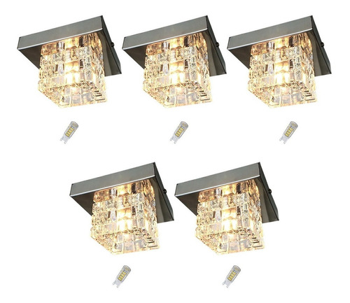 5 Spot Cristal Sobrepor Plafon Inox 11cm Ac974s + Led 3w