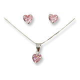 Conjunto Collar Aros Colgante Corazon Circon Rosado Plata925