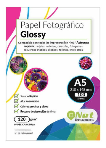 Papel Fotográfico Glossy A5 120gr Pack 100 Hojas