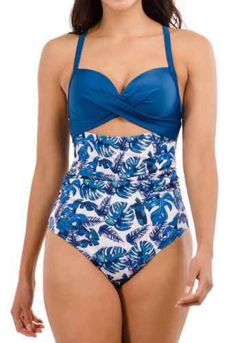 Traje De Baño Cut Out Blue Leaves