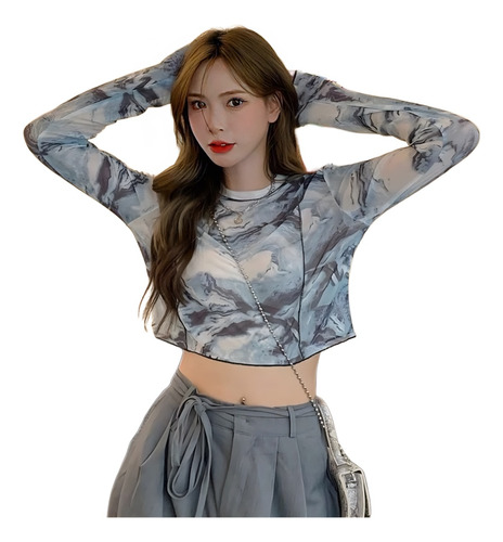 Blusa Top Corto Manga Larga Estampado Tie Dye Estilo Coreano