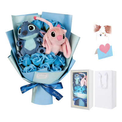 Ramo de Stitch con 11 Rosas Eternas y 2 Peluches Azul\u002FRosa - Incluye Collar y Tarjeta en Caja de Regalo | Meses sin interés