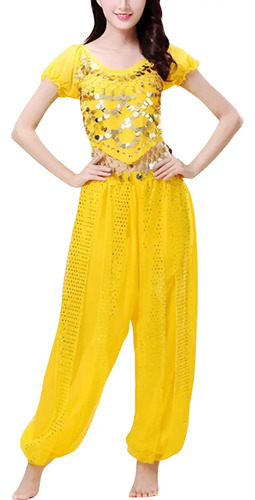 Traje Pantalón Y Top Danza Vientre Árabe Amarillo Hindú