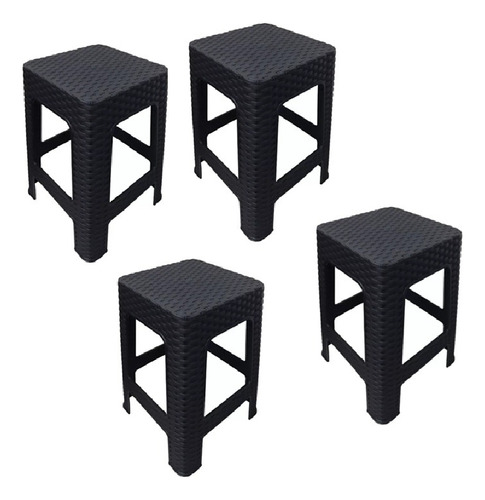 Pack 4 Piso Banquito Plástico Rattan Negro Firmes Apilables