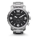 Relógio De Pulso Fossil Nate Com Corpo Prateado,  Analógico, Para Masculino, Fundo  Preto, Com Correia De Aço Inoxidável Cor Prateado, Agulhas Cor Branco E Preto, Subdials De Cor Branco, Subesferas Co