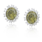 Aretes Oro 14k Laminado Swarovski Verde Olivo Elegante Mujer