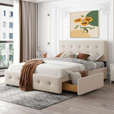 Cama Queen  Con Cajones Y Tapizado, Beige