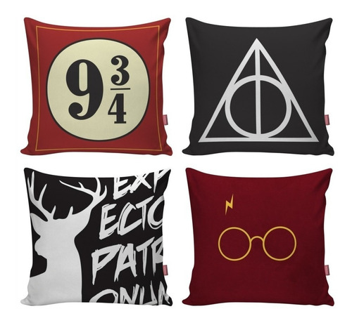 Kit 4 Capas Almofadas Harry Potter Potterhead  Decoração Cor Preto Geek