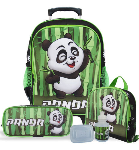 Kit Mochila Escolar Infantil Tam G De Rodinhas Panda