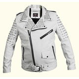 Chamarra Blanca Biker Spikes Bordada Punk