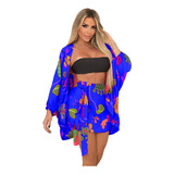 Conjunto Estampado Kimono Short Saia Envelope Cores Florais