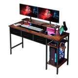 55-inch Computer Desk With 3 Drawers, Gaming Desk With Led L