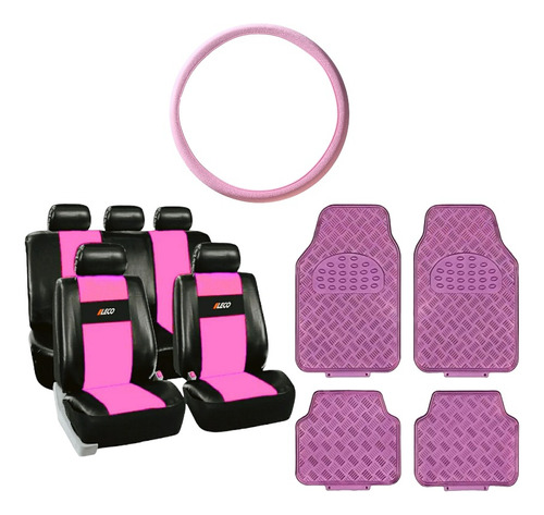 Funda Cubre Asiento Auto Cuerina + Alfombra + C Volante Rosa