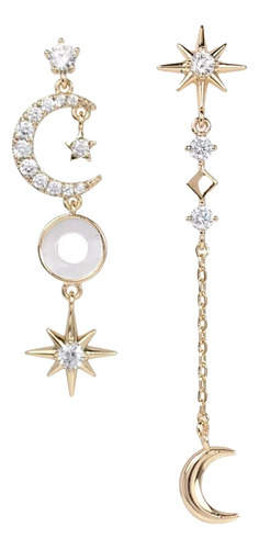 Aretes De Oro Lamin 18k Colgantes Luna Y Estrellas Swarovski