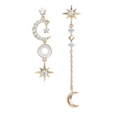 Aretes De Oro Lamin 18k Colgantes Luna Y Estrellas Swarovski