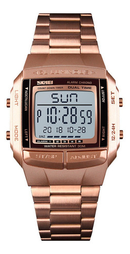 Reloj Hombre Skmei 1381 Acero Alarma Cronometro Elegante Color De La Malla Dorado/rosa Color Del Fondo Blanco