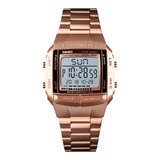Reloj Hombre Skmei 1381 Acero Alarma Cronometro Elegante Color De La Malla Dorado/rosa Color Del Fondo Blanco