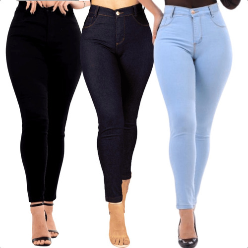 Kit 3 Calça Jeans Feminina Cintura Alta Com Lycra Skinny