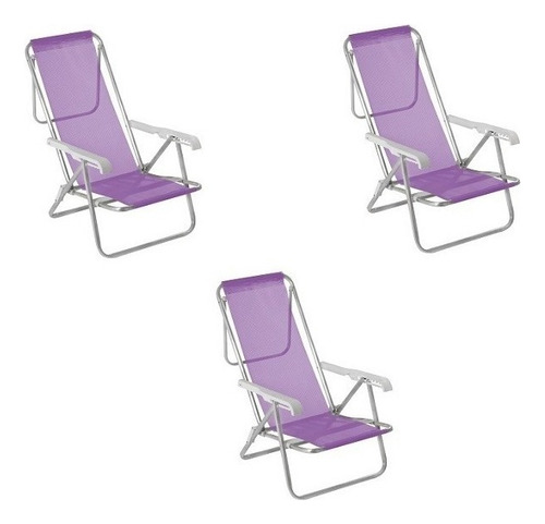 Kit 3 Cadeiras Praia Reclinável 8 Posições + 2 Mesa De Copo