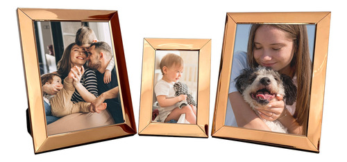 Kit 3 Porta Retratos 10x15 E 15x21 Cor Rosé Gold Metal