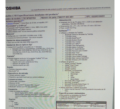 Notebook Toshiba Satellite L745 Usado