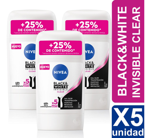 Desodorante Nivea Black&white Invisible Clear Barra X5 Unid