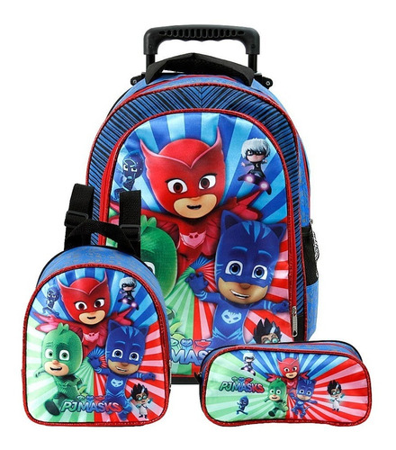 Kit Mochila Escolar Infantil Pj Masks De Rodinhas Azul