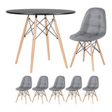 Kit Mesa Jantar Eames Wood 90 Cm E 5 Cadeiras Eames Botonê Cor Da Tampa Mesa Preto Com Cadeiras Cinza Escuro