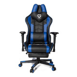  The Game House Silla Gamer Cuello Ergonómico Apoyapiés Ergonómica  Negra Y Azul Con Tapizado De Cuero Sintético