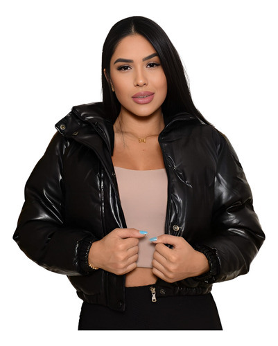 Jaqueta Puffer Feminina Couro Fake Cropped Bobojaco Forrada