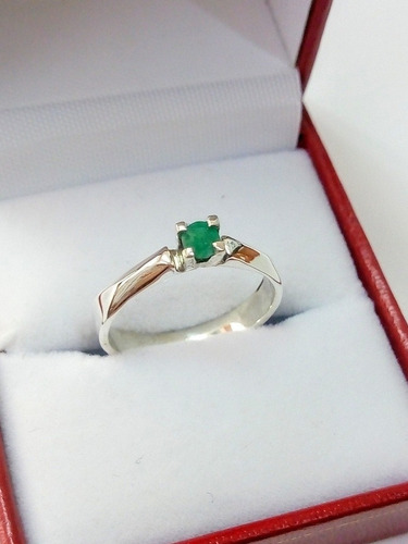 Anillo Compromiso Esmeralda Y Plata950 +baño Rodio+ Estuche