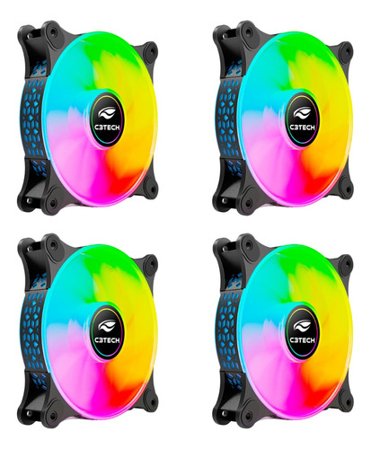 Kit 4 Cooler Fan Ventoinha Led Multicor 120mm Pc Gamer Preto