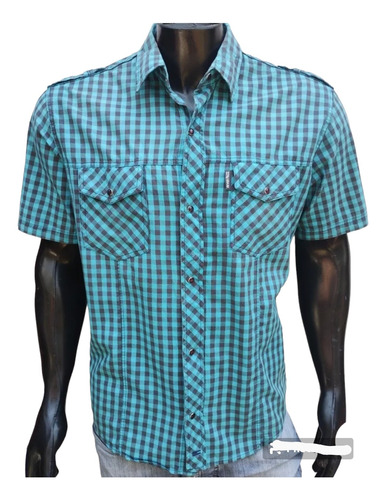 Camisa Rever Pass M/c A Cuadros Verde Y Azul Talle L 