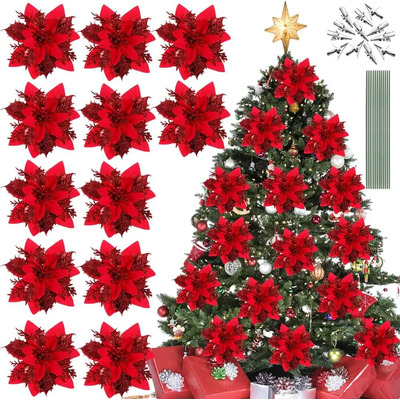12 Nochebuenas Rojas 14cm Con Tallos Y Clips P/decoración 1