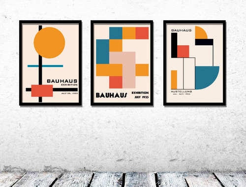 Set 3 Cuadros Geometricos Bauhaus Con Marco Negro Y Vidrio.