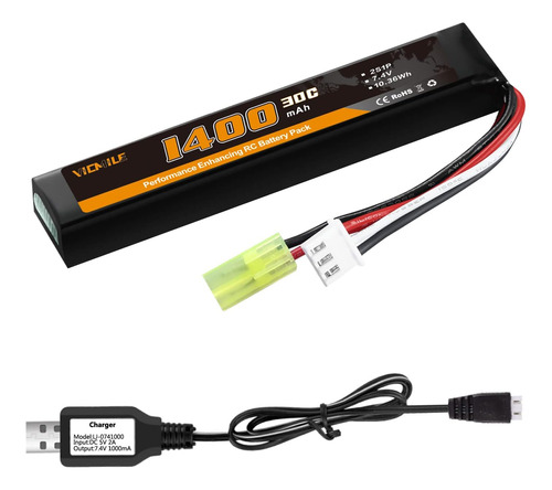 Vicmile Batería De Airsoft 1400mah 7.4v Lipo Con Enchufe Tam