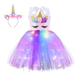 Vestido De Fiestas Con Luz Led De Princesa Unicornio De Niña