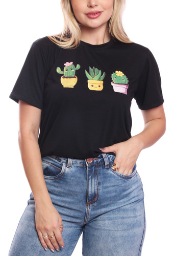 Tshirt Blusa Feminina Cactos Estampada Manga Curta Preto