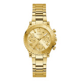 Reloj De Pulsera Guess Steel Gw0465l1 De Cuerpo Color Dorado, Analógico, Para Mujer, Fondo Dorado, Con Correa De Acero Inoxidable Color Dorado, Bisel Color Dorado Y Pulsera