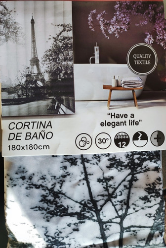 Cortina De Baño Tela Eiffel Paris Blanco Y Negro +12 Ganchos