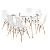 Comedor Mesa De Vidrio Rectangular 120x80 + 6 Sillas Eames B